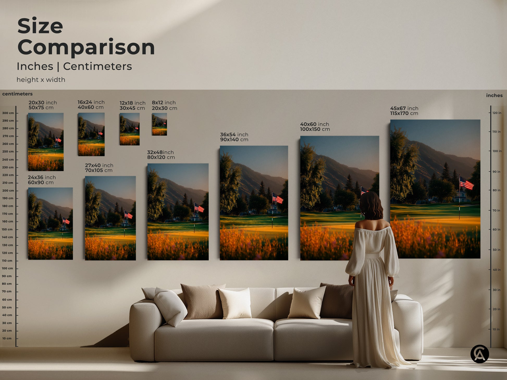 Size comparison of golf course art with an American flag in inches and centimeters. See how different sizes fit above a sofa. Visualize the perfect scale for your canvas or poster print today.