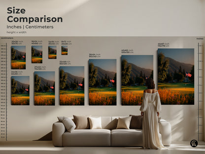 Size comparison of golf course art with an American flag in inches and centimeters. See how different sizes fit above a sofa. Visualize the perfect scale for your canvas or poster print today.