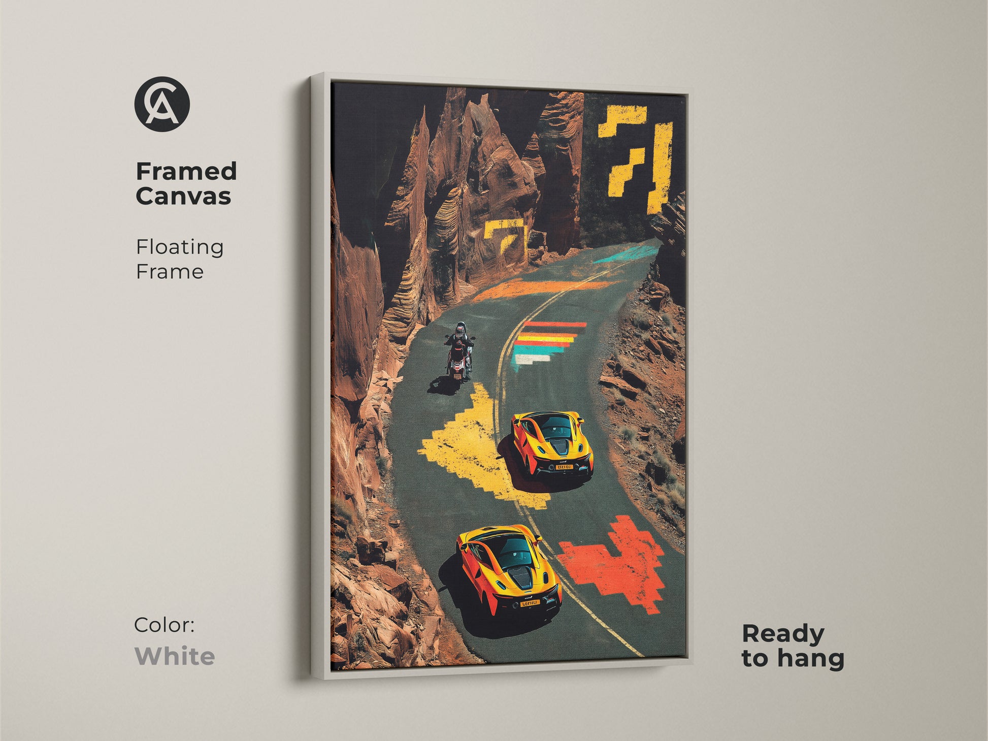 Brighten your space with this framed canvas showcasing sports cars and a motorcycle in a pixel art style. This is a high-quality canvas with a floating frame and is ready to hang. The orange and yellow landscape adds a lively touch to any room. It is an ideal gift for automotive and F1 fans.