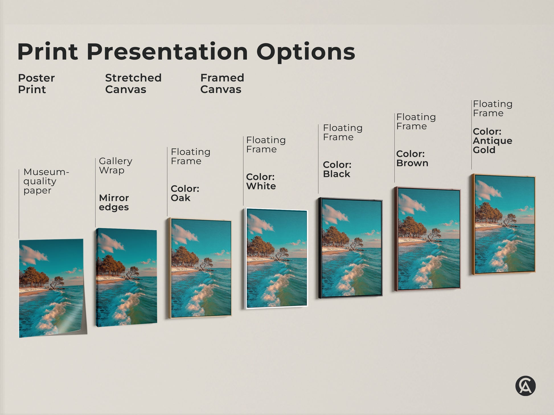 Explore print presentation options with this teal blue ocean wave artwork. Choose from poster prints stretched canvas or framed canvas. Options include gallery wrap mirror edges and various floating frame colors. Find the perfect style to match your coastal decor and enhance your living space.