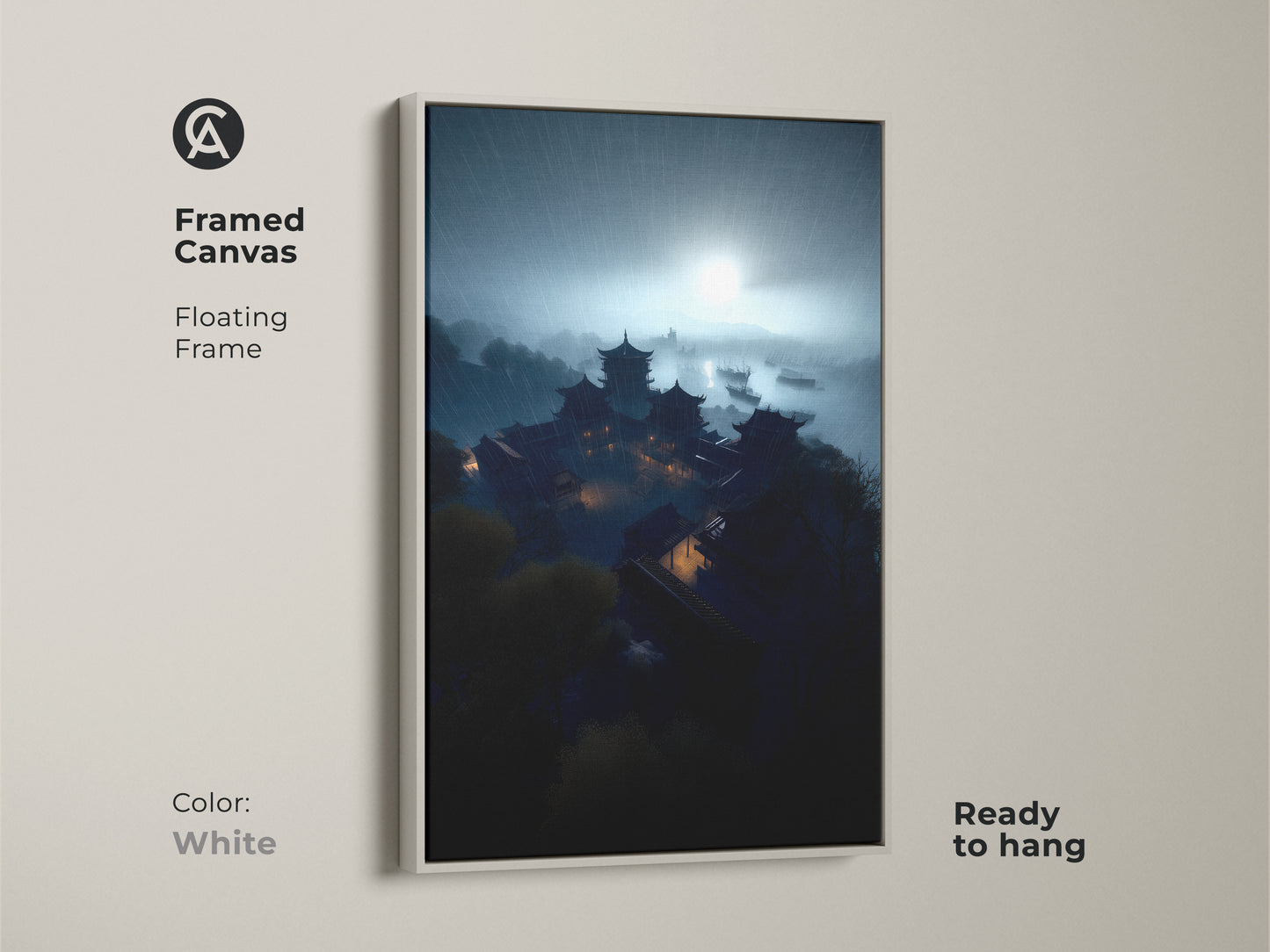 Framed Canvas of a Rainy Night Pagoda Artwork. This dark academia piece features Asian architecture. The white floating frame enhances the deep teal and midnight blue tones. Ready to hang this framed asian art print. Perfect for a study room.