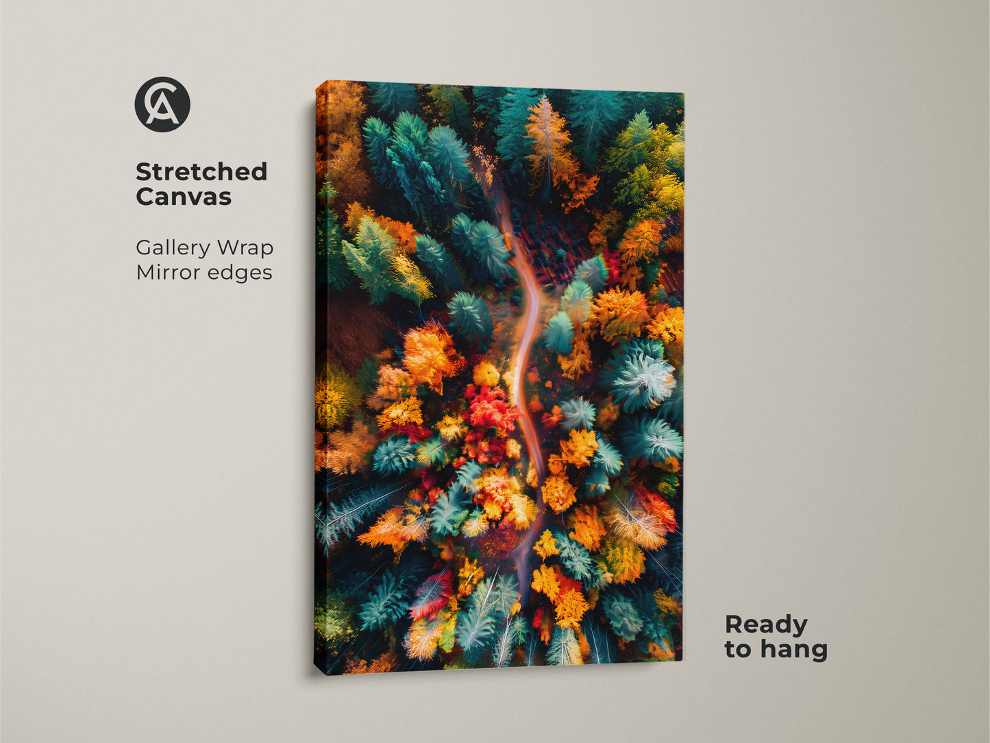 Stretched canvas print of a colorful autumn forest. This aerial view captures the beauty of the changing seasons. The canvas has gallery wrapped edges with a mirror finish. It is ready to hang and enjoy. Perfect nature artwork for any home.