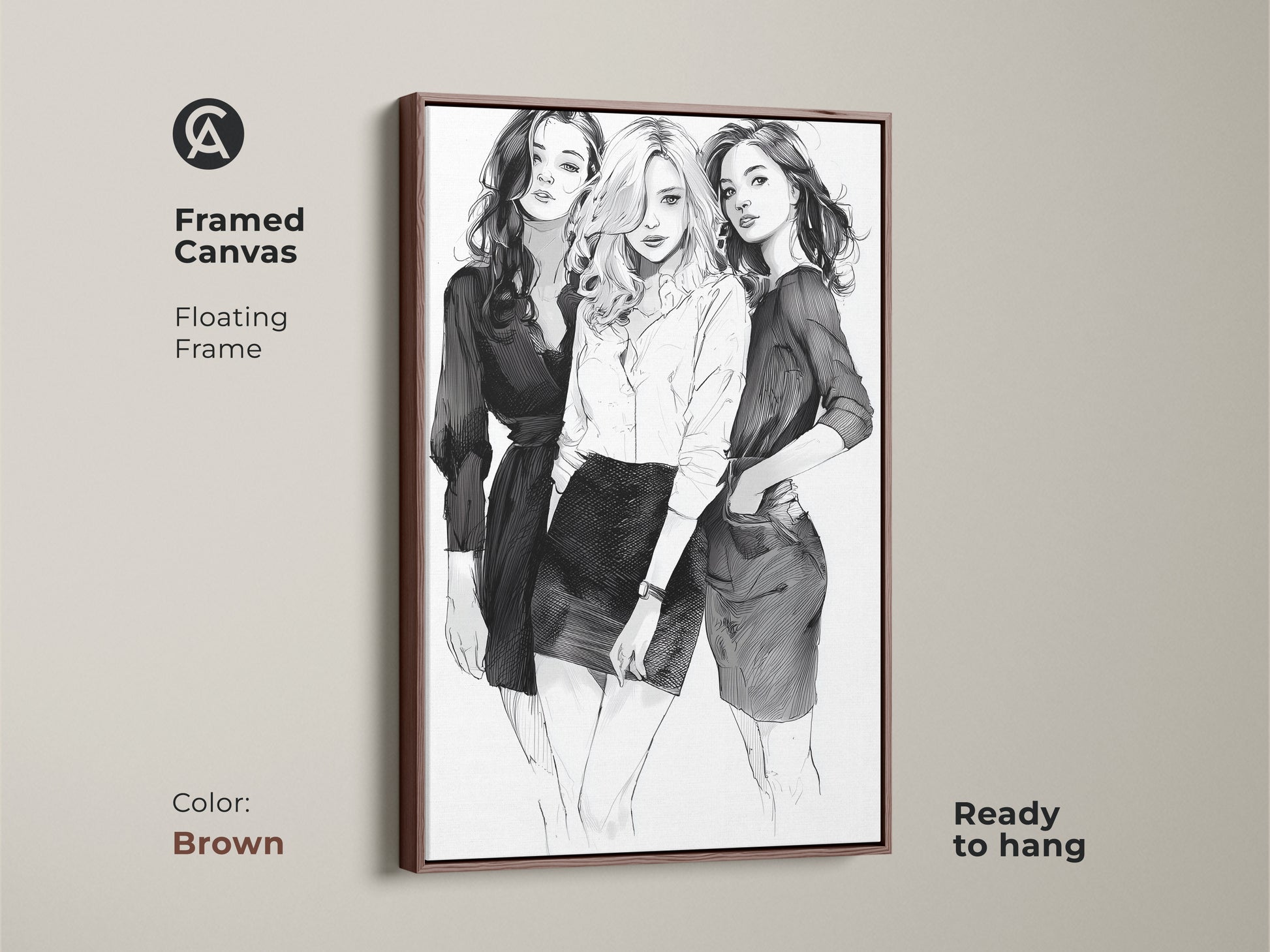 Framed canvas with a floating frame displaying three fashion models in a black and white sketch art print. The brown frame enhances this contemporary women art. An ideal birthday gift for her.