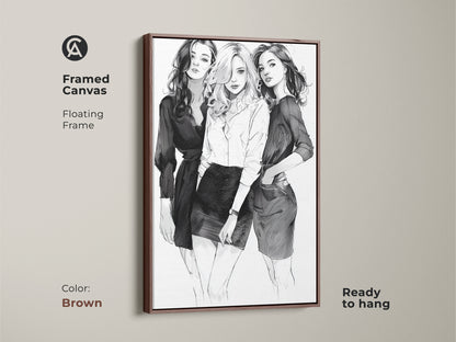 Framed canvas with a floating frame displaying three fashion models in a black and white sketch art print. The brown frame enhances this contemporary women art. An ideal birthday gift for her.