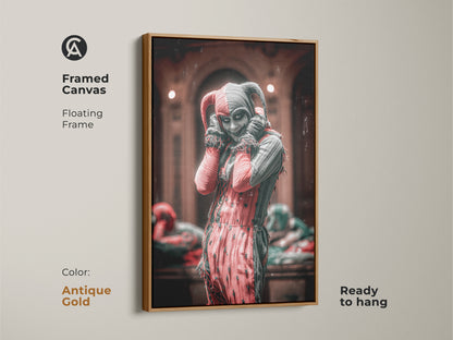 Framed harlequin jester art with an antique gold floating frame. A macabre fantasy decor piece and gothic living room statement. This unique canvas art print is a perfect gift for halloween. It adds a touch of dark elegance to any space and ready to hang.