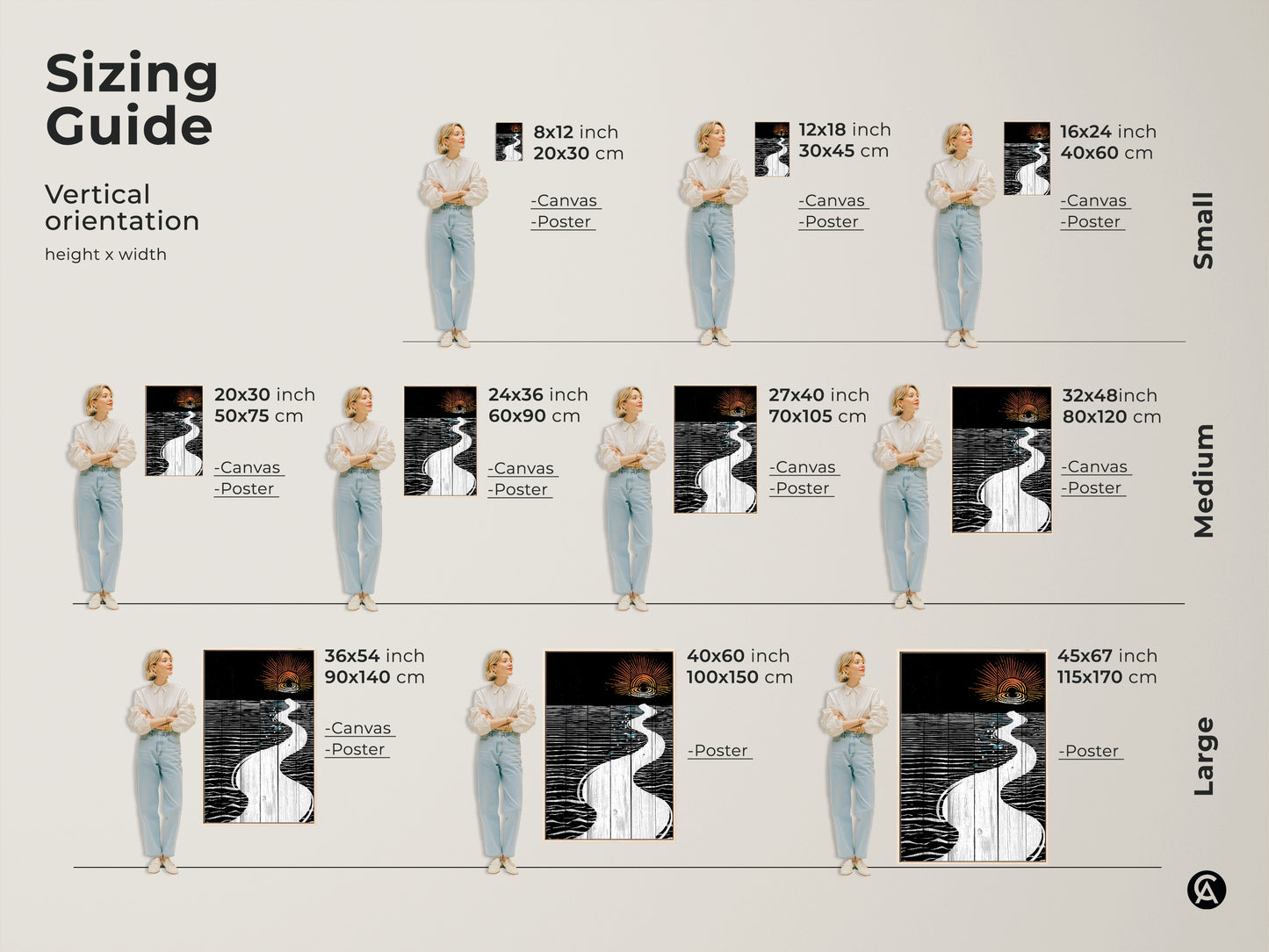 Sizing guide for abstract river sunset art prints. Visualize vertical orientation artwork in various sizes. Perfect art for adding a modern landscape touch to your space.