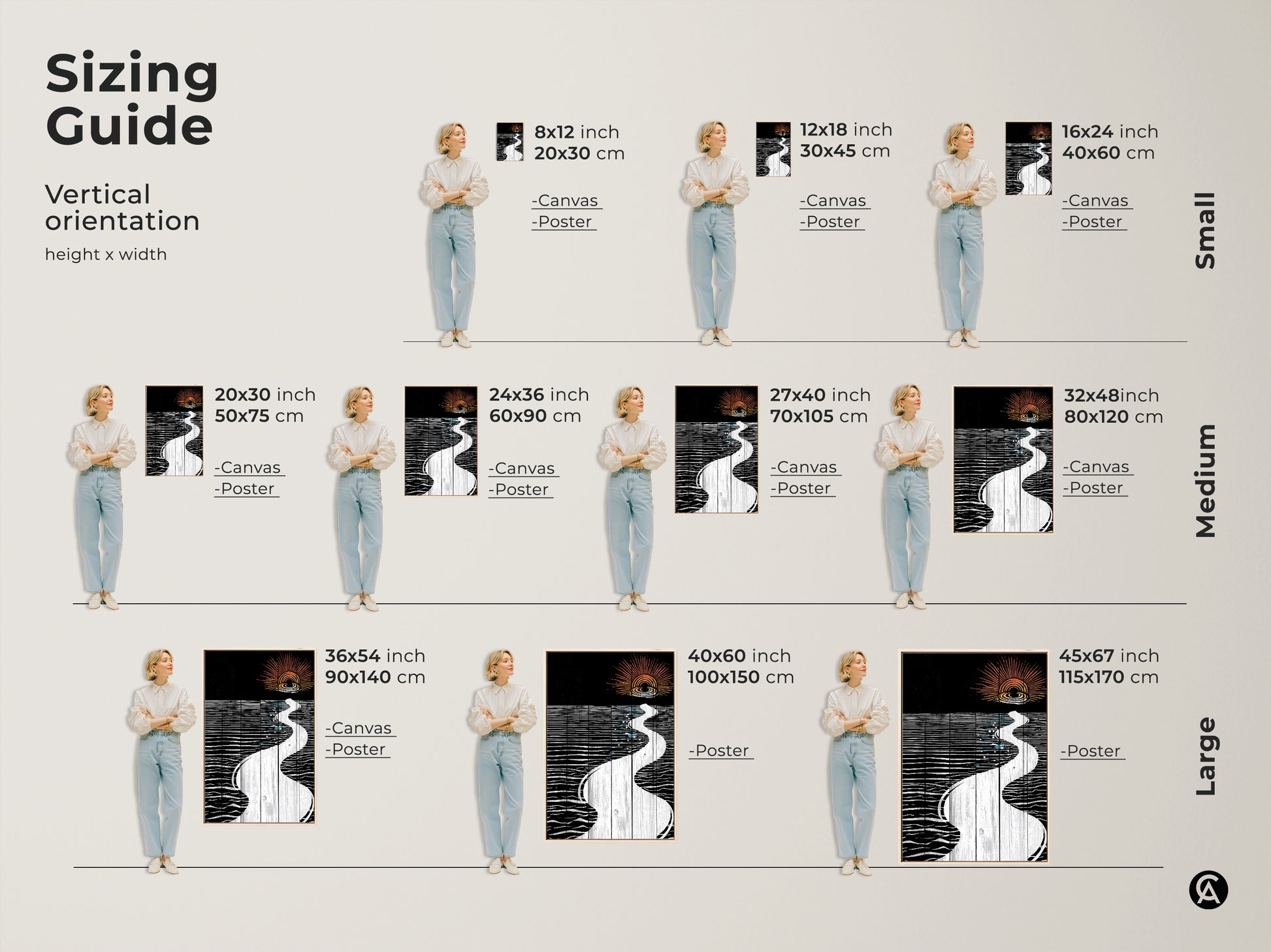 Sizing guide for abstract river sunset art prints. Visualize vertical orientation artwork in various sizes. Perfect art for adding a modern landscape touch to your space.