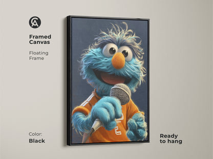 Framed canvas with a floating black frame featuring a blue monster art print. Ready to hang wall art perfect for a kids room. This pop culture artwork adds a fun vibe.