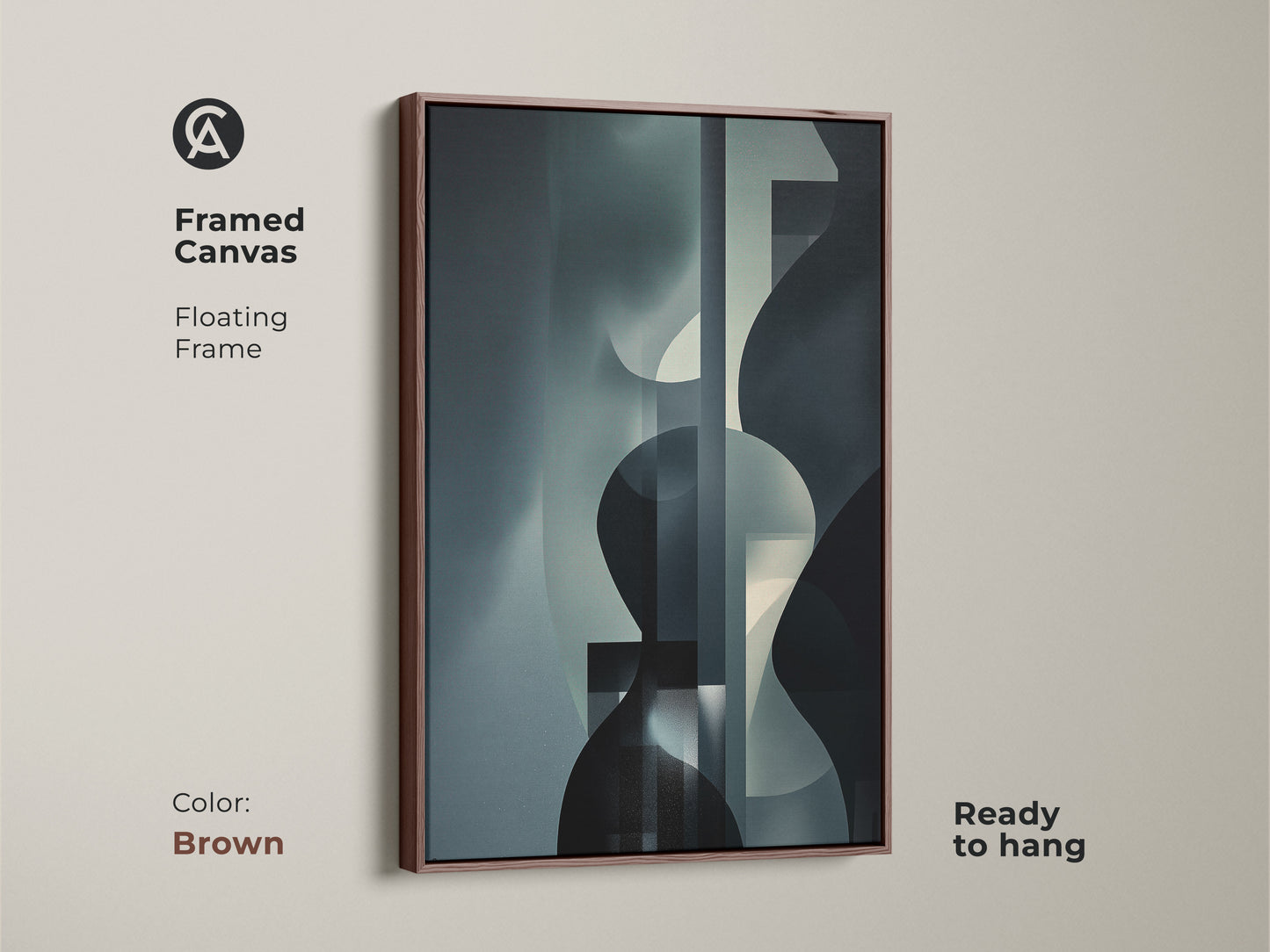 Framed canvas art showcasing an abstract geometric design in navy gray and teal. This contemporary piece features a brown floating frame. This is a great housewarming gift idea.