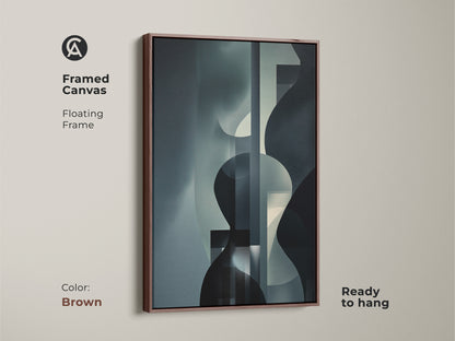 Framed canvas art showcasing an abstract geometric design in navy gray and teal. This contemporary piece features a brown floating frame. This is a great housewarming gift idea.