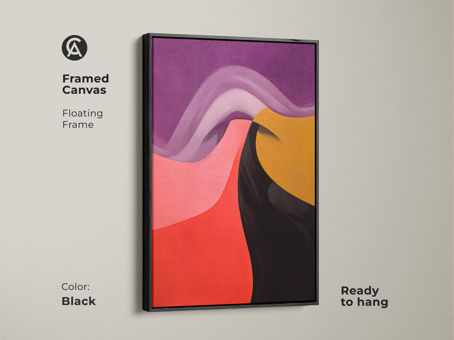 Framed canvas print with a floating frame in black. Contemporary abstract artwork displays geometric swirls in purple pink red and gold. Ready to hang modern wall art.