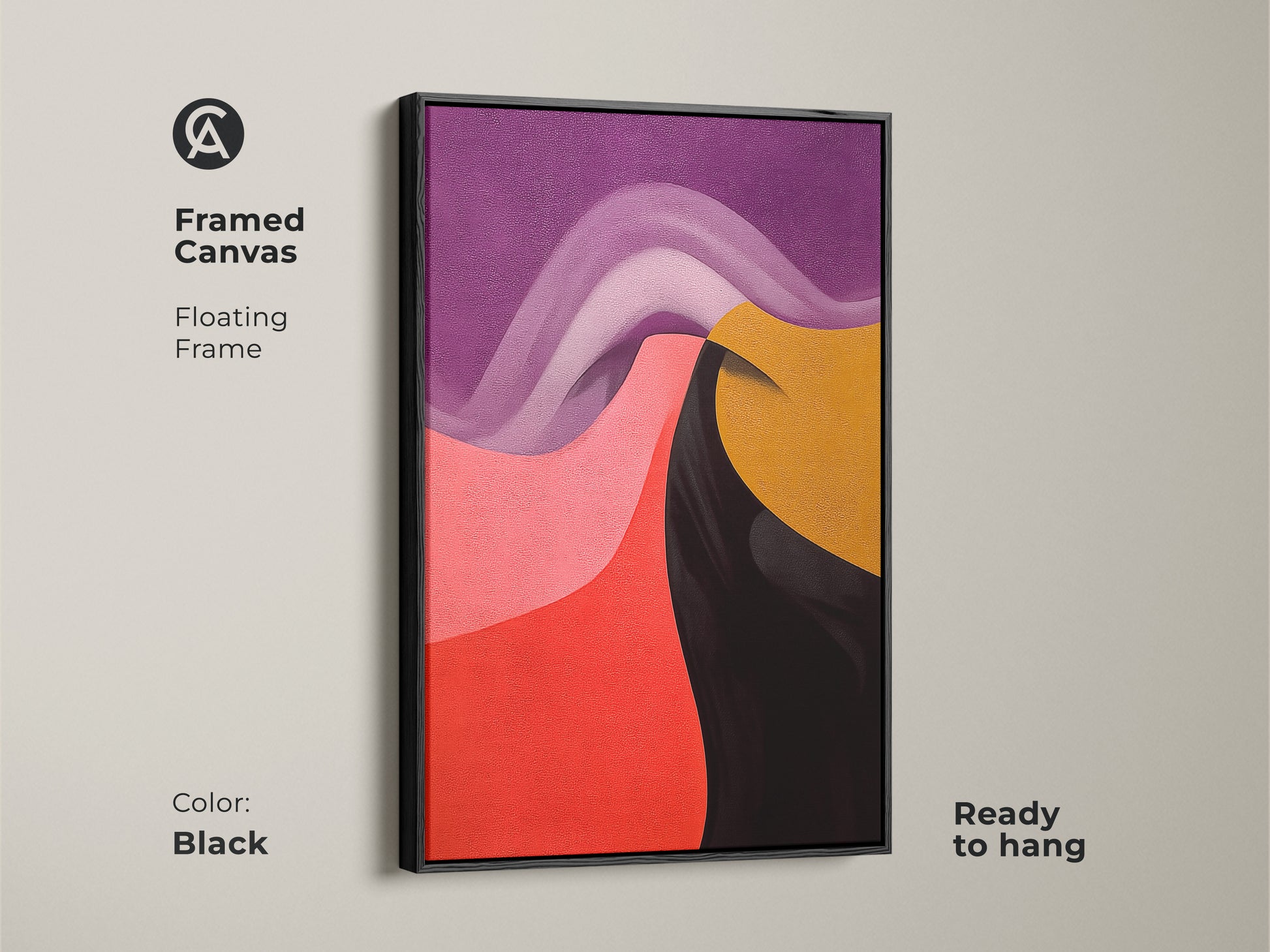Framed canvas print with a floating frame in black. Contemporary abstract artwork displays geometric swirls in purple pink red and gold. Ready to hang modern wall art.