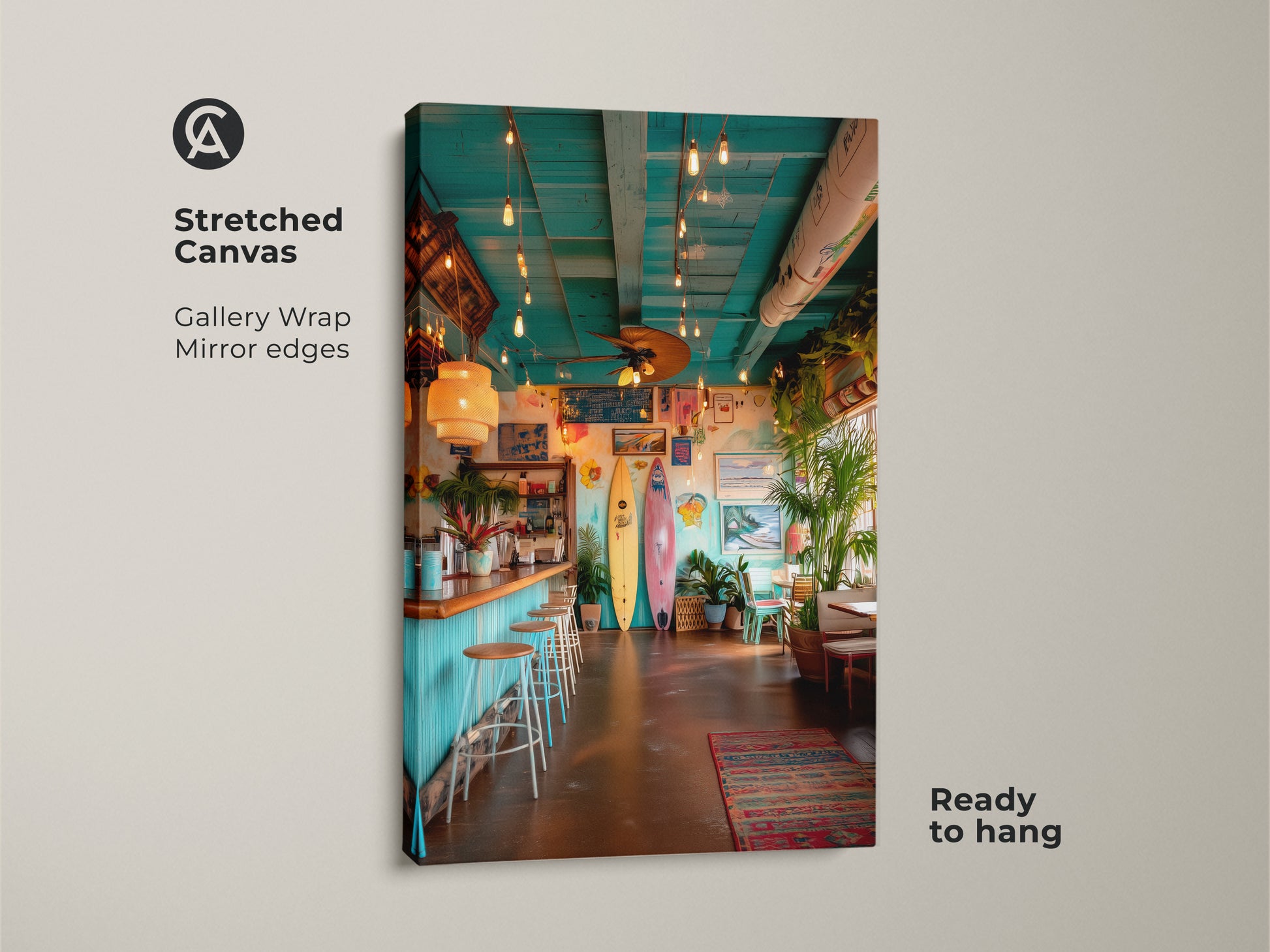 Elevate your walls with this surf shack stretched canvas print. This gallery wrapped art features mirror edges for a clean look. The beach bar scene showcases vibrant colors and tropical elements. This ready to hang canvas adds a touch of summer to your home. Perfect for coastal decor.