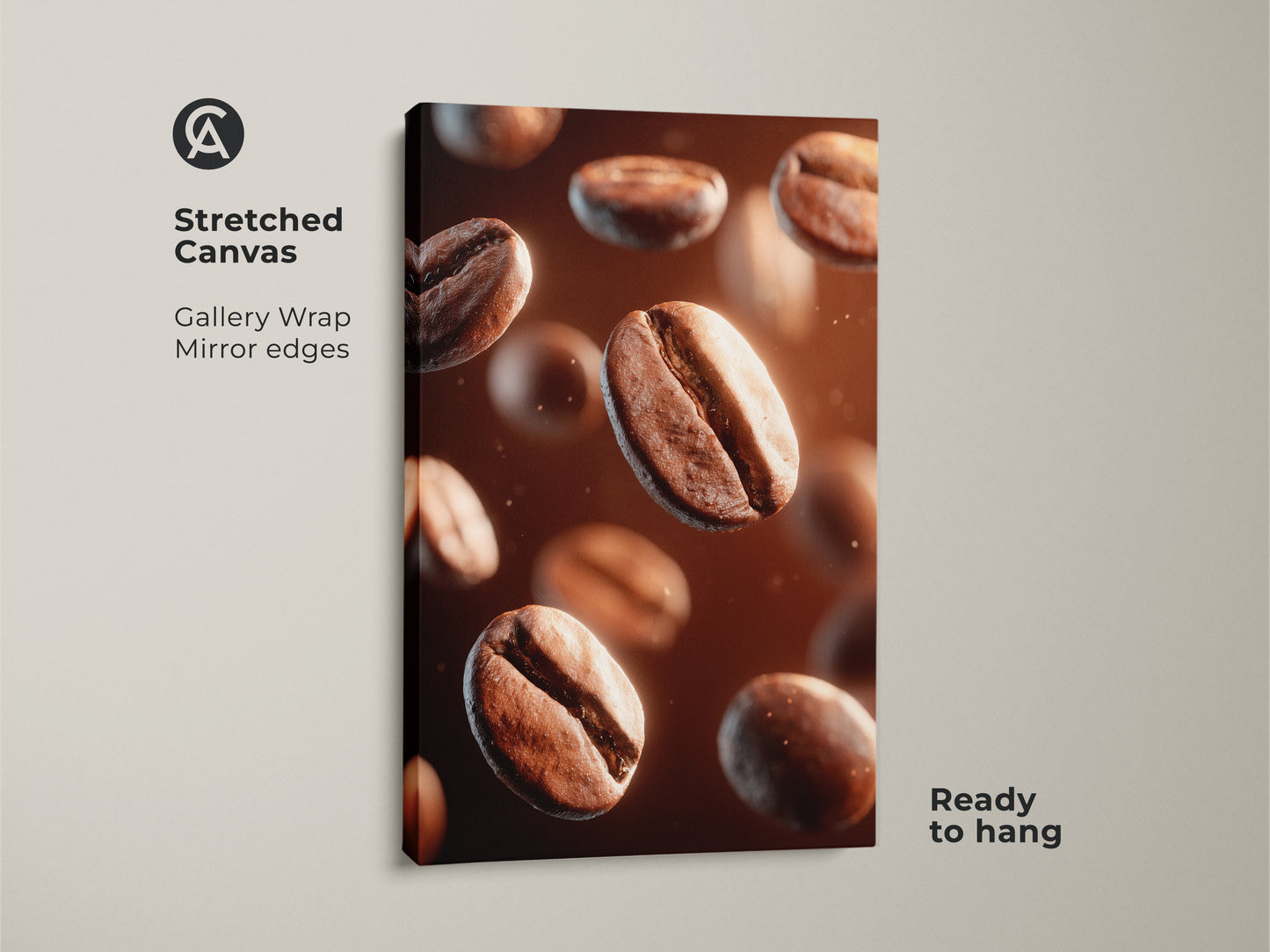 Stretched canvas gallery wrap print. Coffee beans float against a warm brown background. The mirror edges create a seamless look. Ready to hang and enjoy this stunning coffee art.