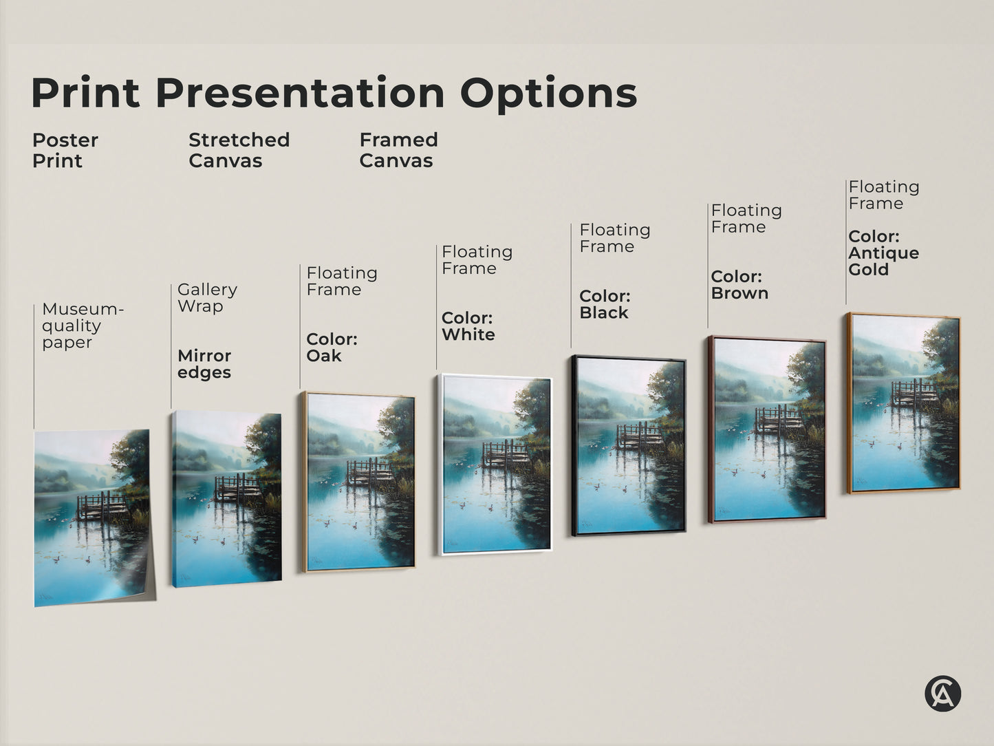 Explore print presentation options for rustic lake dock artwork. Choose from poster prints stretched canvas and framed canvas. Each features an impressionistic nature scene. Floating frames are available in oak white black brown and antique gold.