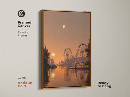 Framed canvas of a retro amusement park with an antique gold floating frame. This canvas print captures the sunset with ferris wheels and steamboat. Ideal as a warm color wall hanging and travel lover gift.
