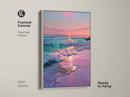 Framed canvas floating frame in white. Dreamy ocean sunset coastal beach waves wall art. Ready to hang pink purple teal seascape painting. Complements coastal living room art.
