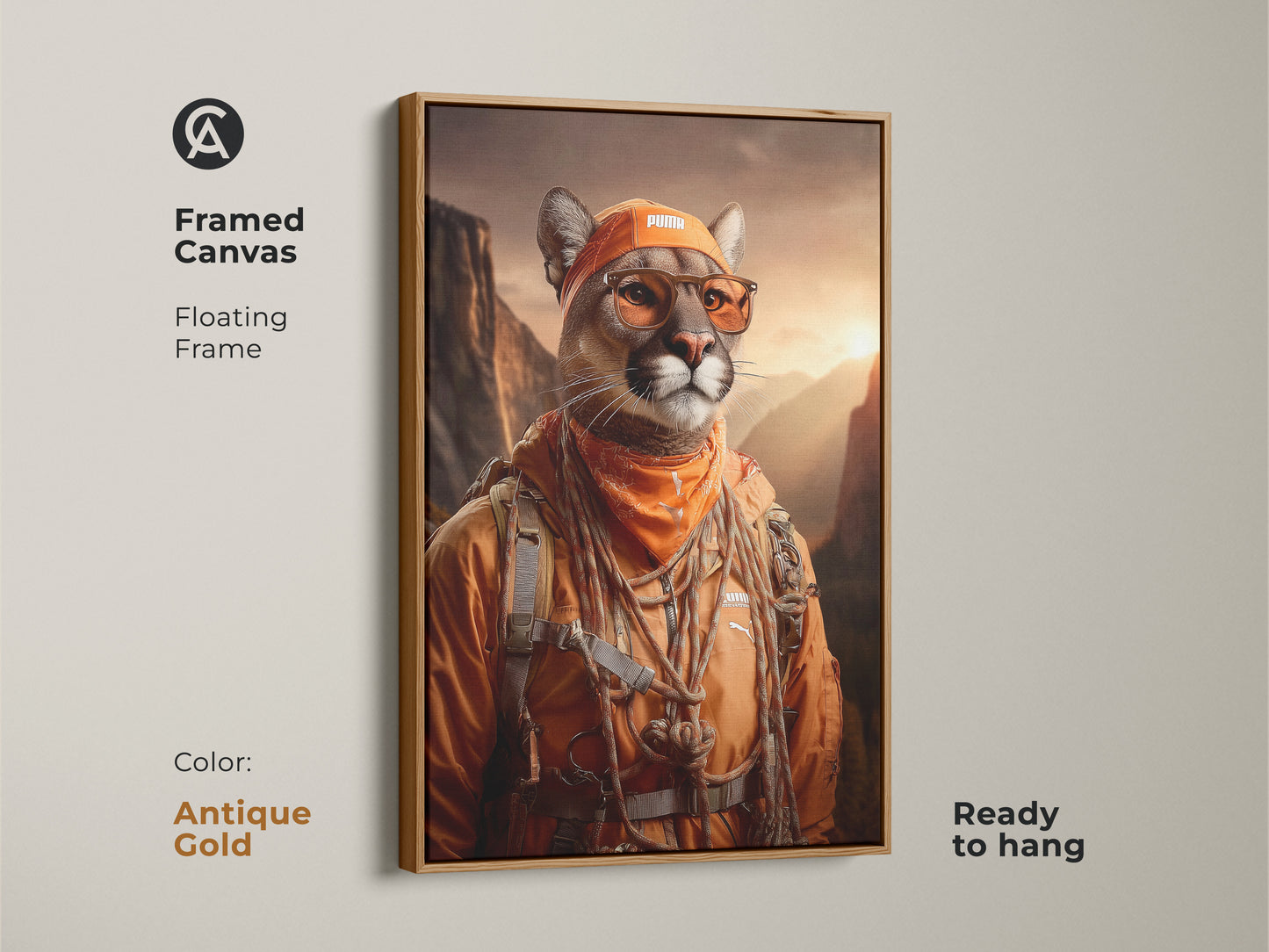 Antique Gold Framed Canvas Amber Mountain Cougar Art. Mountain vista wall art is ready to hang. Floating frame canvas art is stylish. Ideal eclectic office decor. The anthropomorphic art is a unique gift. Enhance your space with this print.
