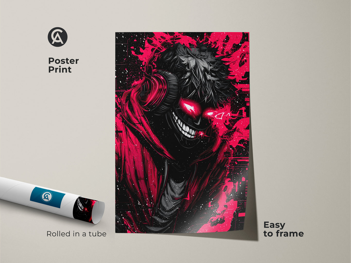 Poster print of a red and black demon art piece. The artwork features a grinning demon with glowing red eyes. The poster is rolled in a tube for easy framing. Get yours today.