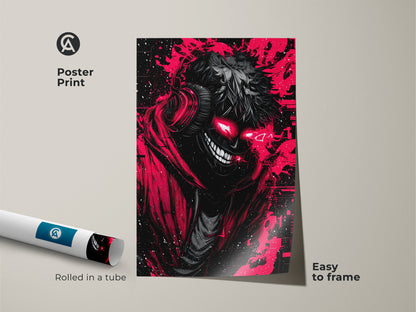 Poster print of a red and black demon art piece. The artwork features a grinning demon with glowing red eyes. The poster is rolled in a tube for easy framing. Get yours today.