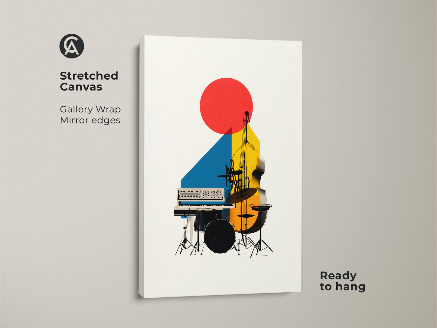 Stretched canvas featuring gallery-wrapped edges showcases abstract geometric wall art. This modern music canvas print combines a double bass and synth in red yellow and blue art. It's ready to hang.
