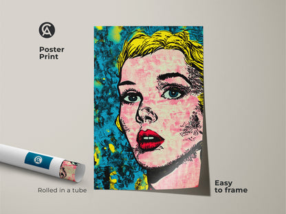 Pop art poster print of a blonde woman rolled in a tube. This easy-to-frame print allows for customization. Add a splash of color and modern style with this unique piece. Museum-quality paper ensures lasting beauty.