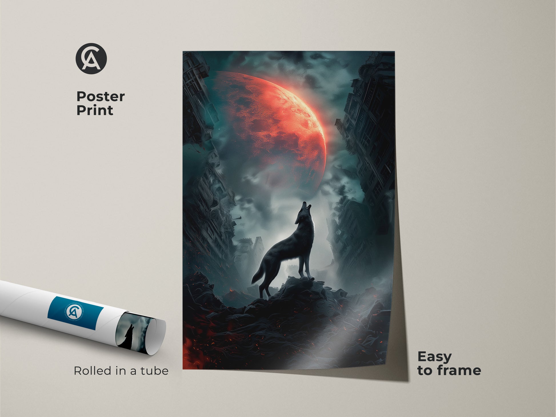 Museum-quality poster print featuring a wolf howling at a crimson moon. Rolled in a tube for protection during shipping. Easy to frame and display. Surreal fantasy artwork with a dark and cosmic theme. Post-apocalyptic wolf decor for sci-fi fans.