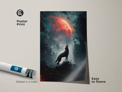 Museum-quality poster print featuring a wolf howling at a crimson moon. Rolled in a tube for protection during shipping. Easy to frame and display. Surreal fantasy artwork with a dark and cosmic theme. Post-apocalyptic wolf decor for sci-fi fans.