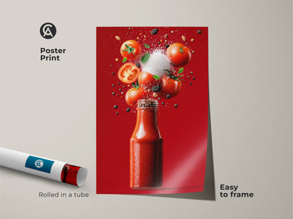 Poster print of a Tomato Ketchup Still Life. The artwork features a ketchup bottle and fresh ingredients. It is printed on museum-quality paper. This kitchen art ships rolled in a tube. Easy to frame and display.