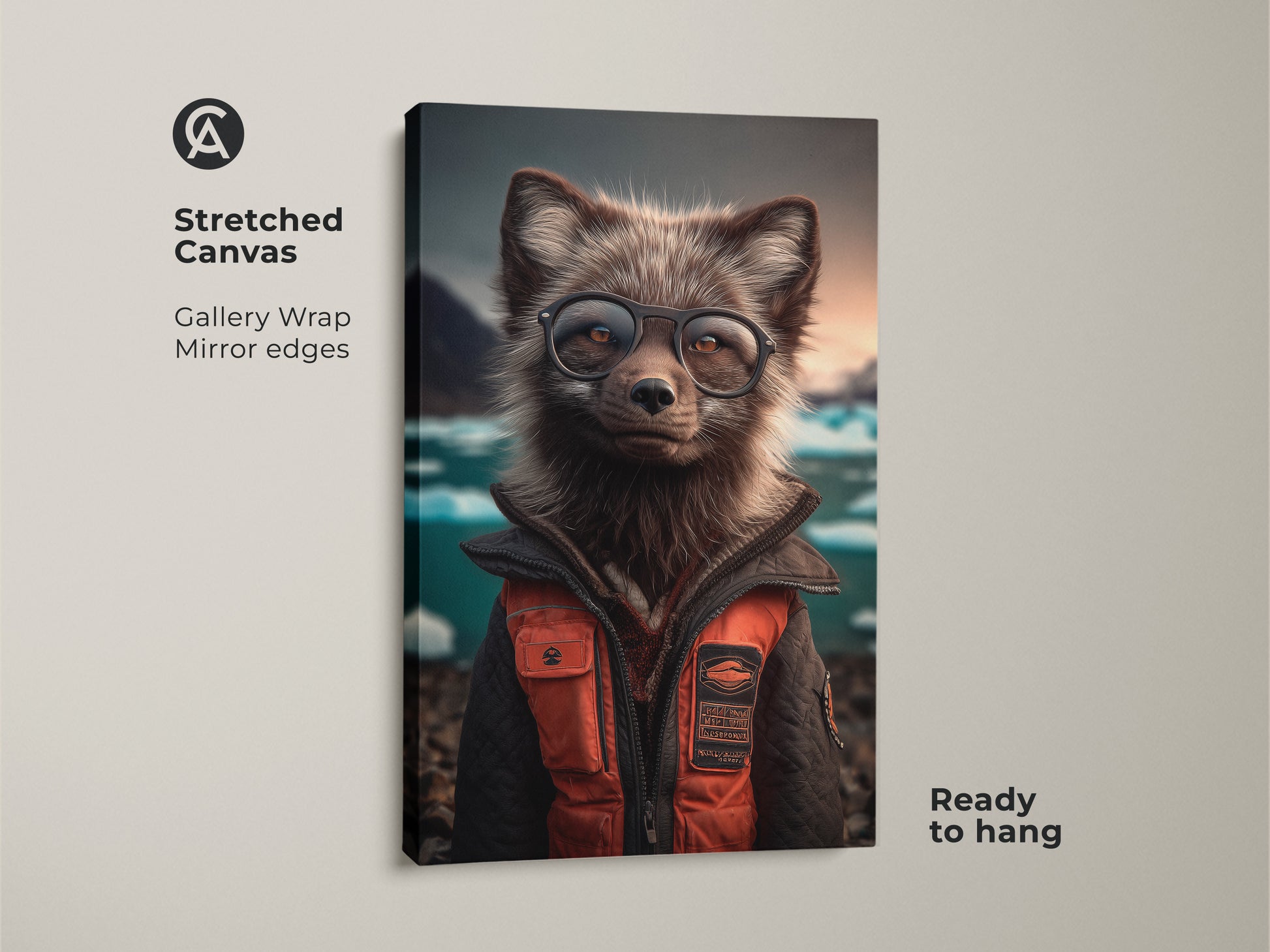 Arctic Fox wearing glasses canvas print is ready to hang. Gallery Wrap and Mirror edges. Anthropomorphic fox art wall decor for an Eclectic study room. This animal lover birthday gift idea is perfect. The fox painting features orange and teal accents.