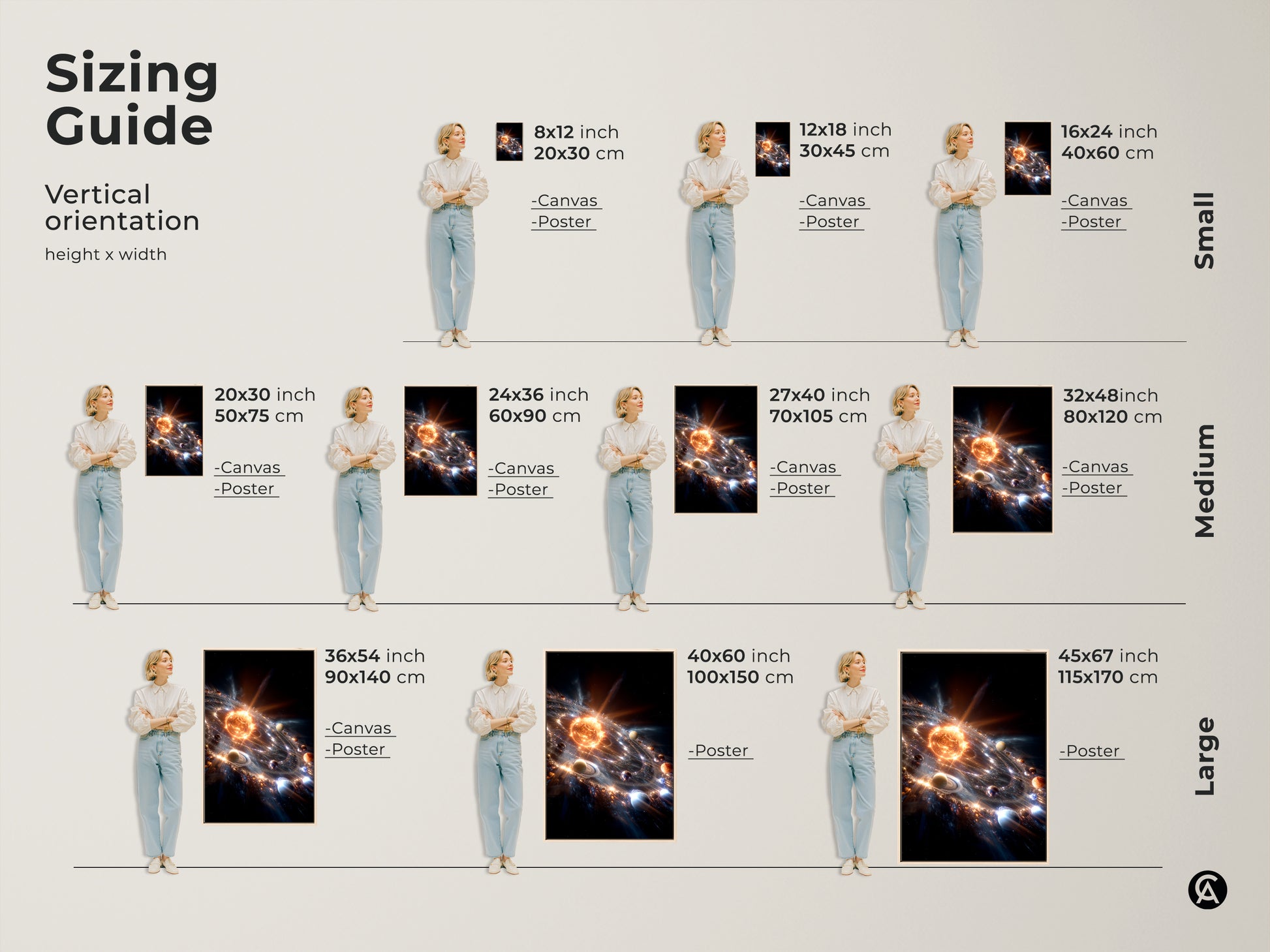 Sizing guide for vertical solar system artwork. Visualize canvas and poster sizes with a model for scale. Options range from small 8x12 inch to large 45x67 inch prints. Find the perfect fit for your space with this helpful sizing reference.