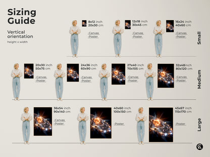 Sizing guide for vertical solar system artwork. Visualize canvas and poster sizes with a model for scale. Options range from small 8x12 inch to large 45x67 inch prints. Find the perfect fit for your space with this helpful sizing reference.