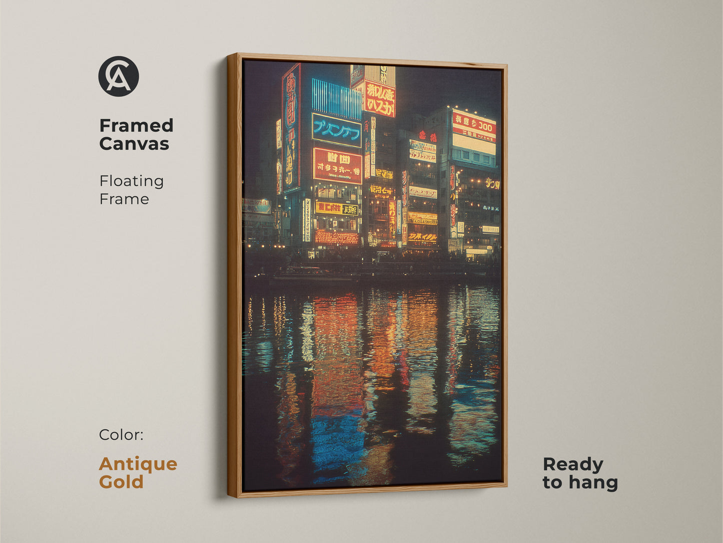This framed canvas has an antique gold floating frame with Japanese neon cityscape art. The nighttime city lights artwork is ready to hang. The reflection on the water makes this wall art a unique piece.