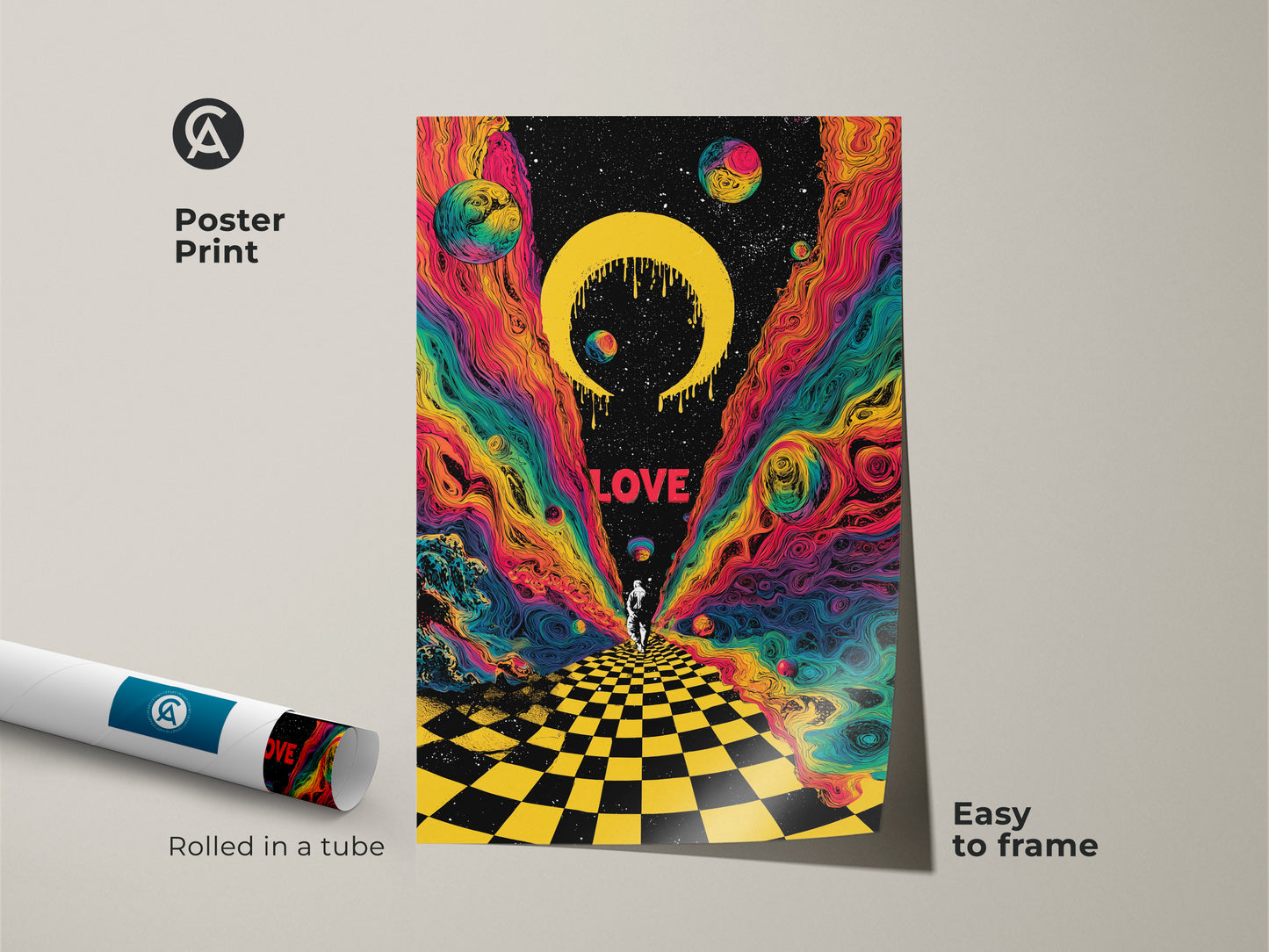 A poster print displays psychedelic astronaut artwork with retro sci fi themes. The colorful cosmic wall art shows surreal space planets and a rainbow nebula. The print comes rolled in a tube and is easy to frame. It is a unique gift for sci fi fans.