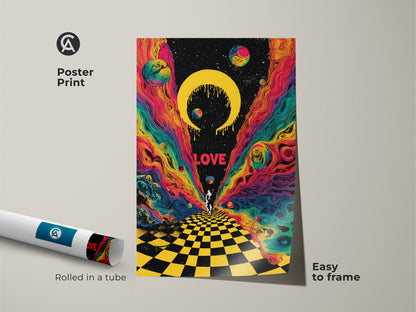 A poster print displays psychedelic astronaut artwork with retro sci fi themes. The colorful cosmic wall art shows surreal space planets and a rainbow nebula. The print comes rolled in a tube and is easy to frame. It is a unique gift for sci fi fans.