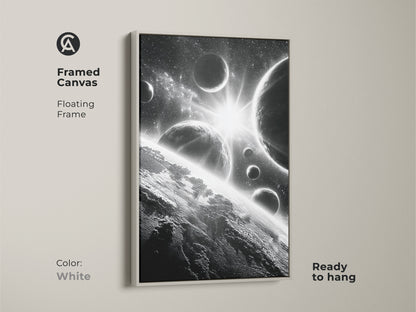 Framed canvas of space art. This white framed artwork features planets and stars. Ready to hang and adds a touch of minimalist style to any room. The white frame enhances the monochrome image. A perfect gift for modern art enthusiasts.