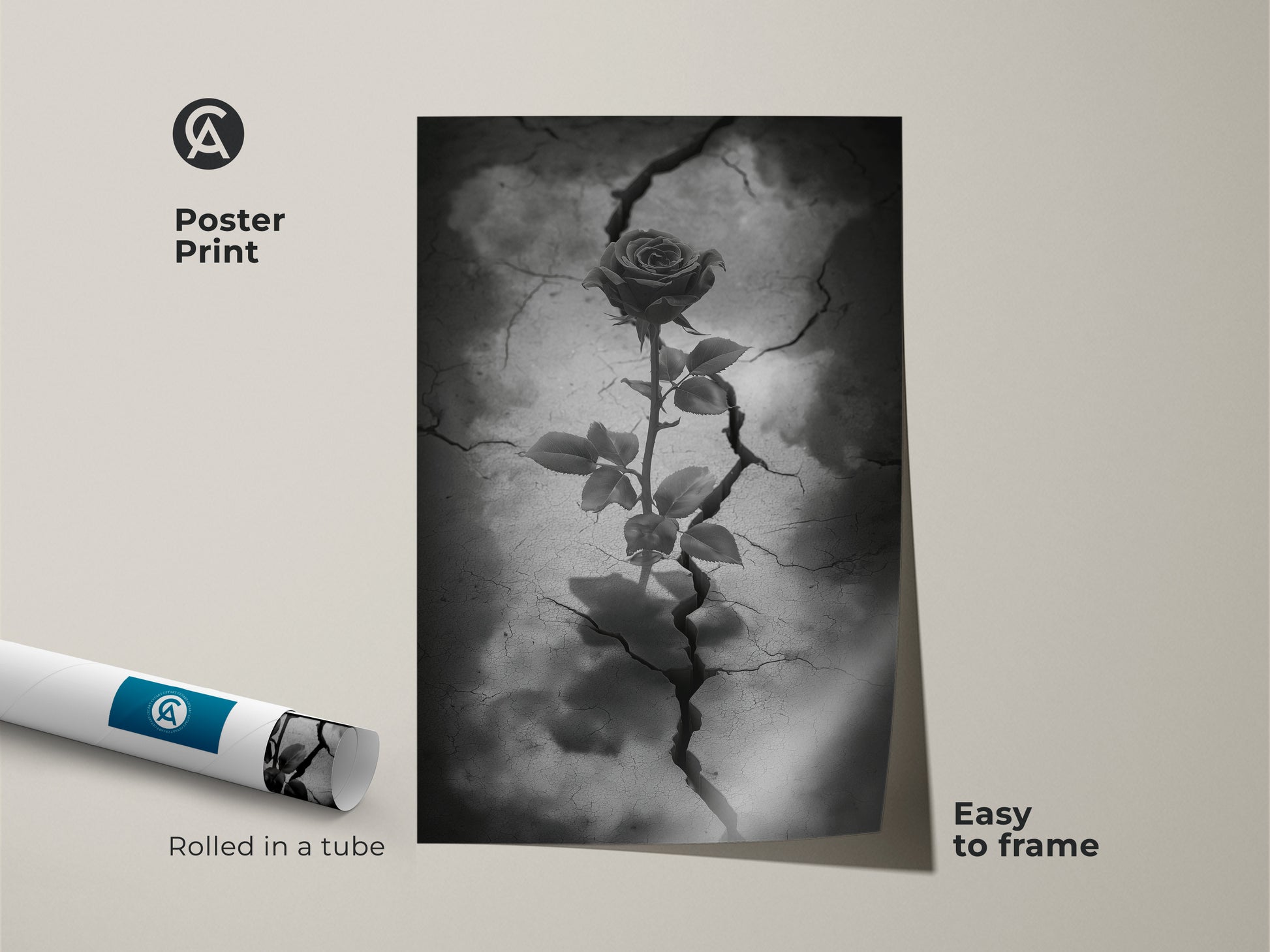 Poster print of dark floral artwork featuring a gothic rose. The surreal botanical art shows a rose from cracked earth. This black white and gray decor is easy to frame. It adds an eclectic touch to any space. Ideal as gothic bedroom art or a thoughtful anniversary gift for lovers of unconventional monochrome floral canvas.