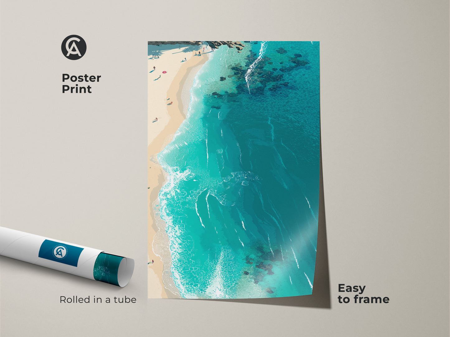 Poster print of a beach aerial view. The turquoise ocean meets the sandy shore. This museum-quality paper print arrives rolled in a tube. It is easy to frame and perfect for creating a coastal gallery wall art.