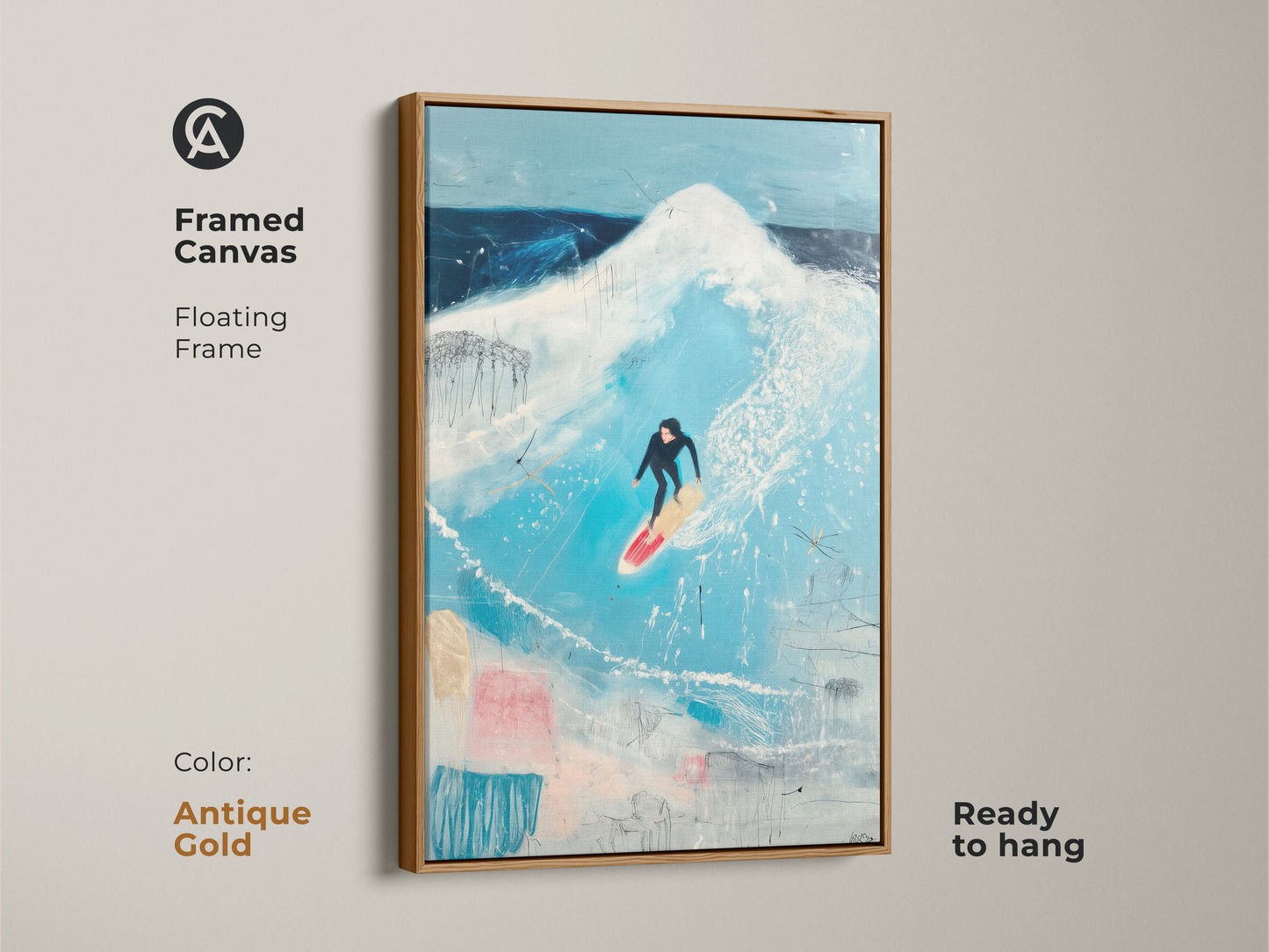 Displayed on a white floating frame is a surfer on a wave. This coastal art is modern and minimalist. It's a dreamy beach art piece for any home. The white frame complements the sky blue and teal tones in the painting.