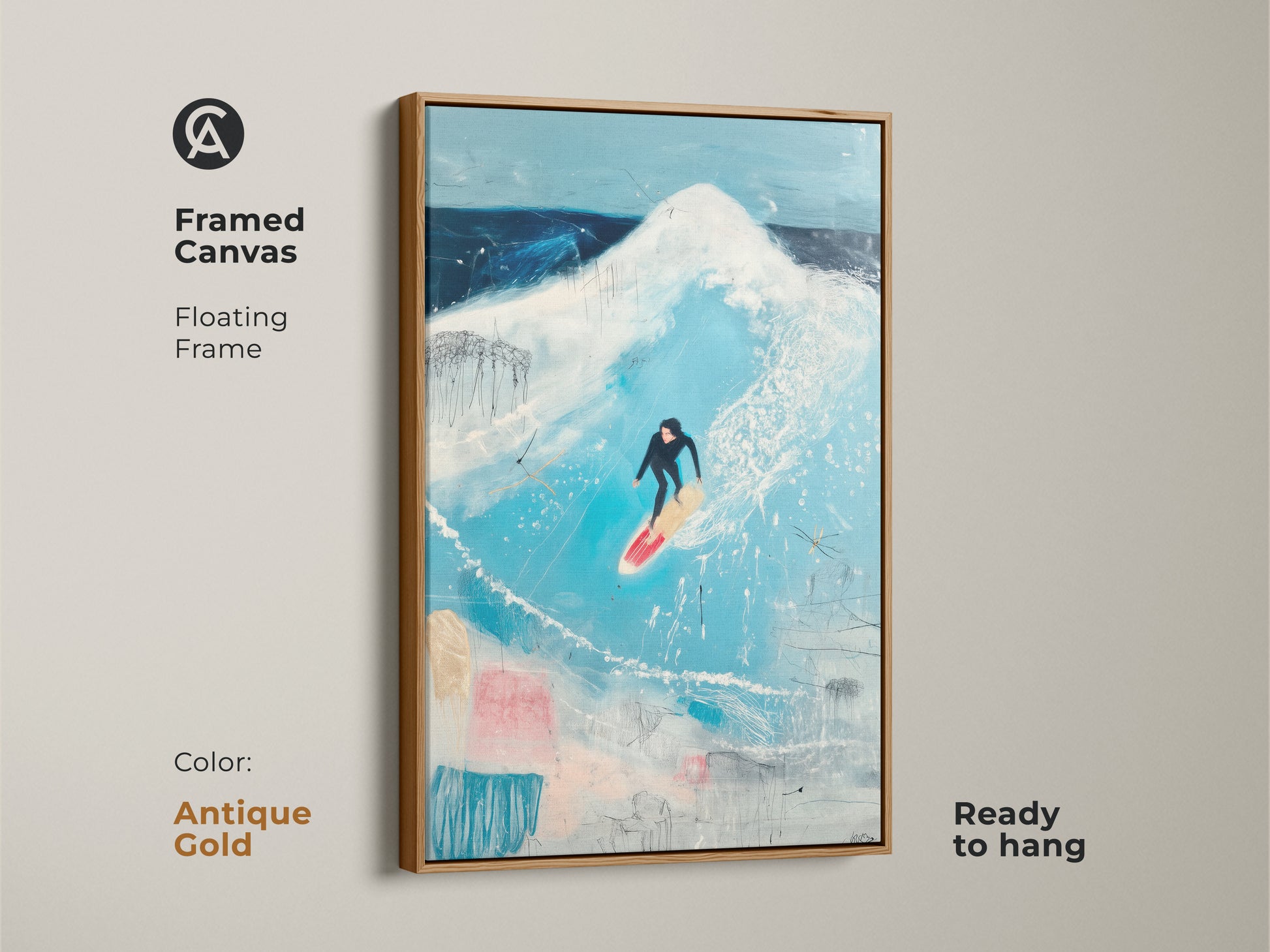 Displayed on a white floating frame is a surfer on a wave. This coastal art is modern and minimalist. It's a dreamy beach art piece for any home. The white frame complements the sky blue and teal tones in the painting.