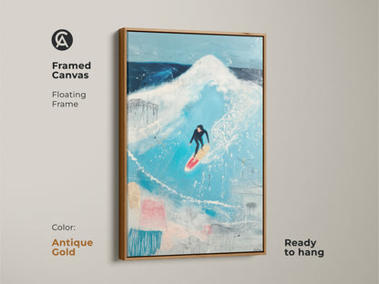 Displayed on a white floating frame is a surfer on a wave. This coastal art is modern and minimalist. It's a dreamy beach art piece for any home. The white frame complements the sky blue and teal tones in the painting.