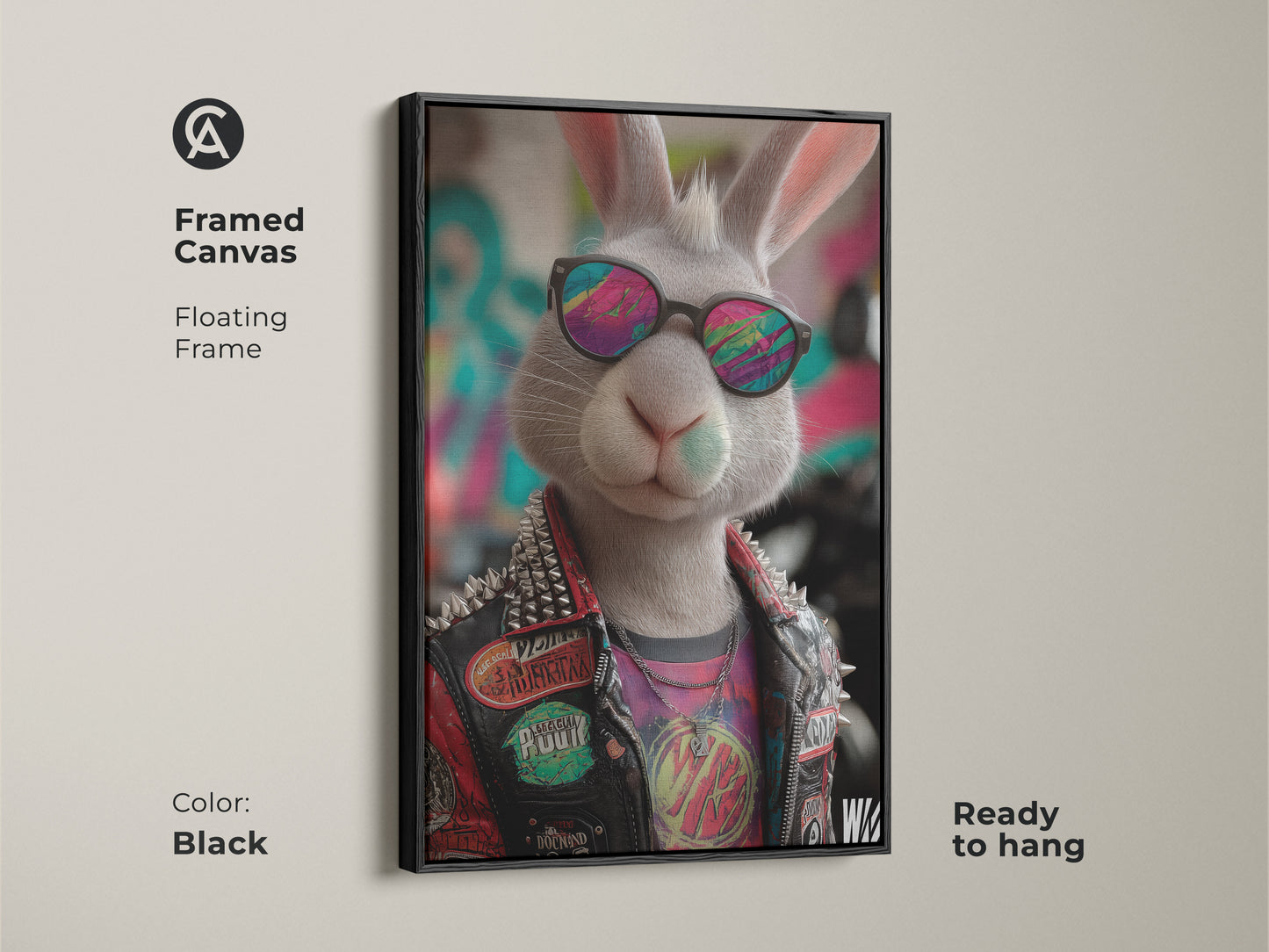 Framed canvas of punk rock bunny art in a black floating frame. A cool bunny wears sunglasses and a studded jacket. Ready to hang animal artwork for an edgy vibe. It is perfect for teen rooms or man caves. This is a unique gift for alternative art lovers. Shop Now