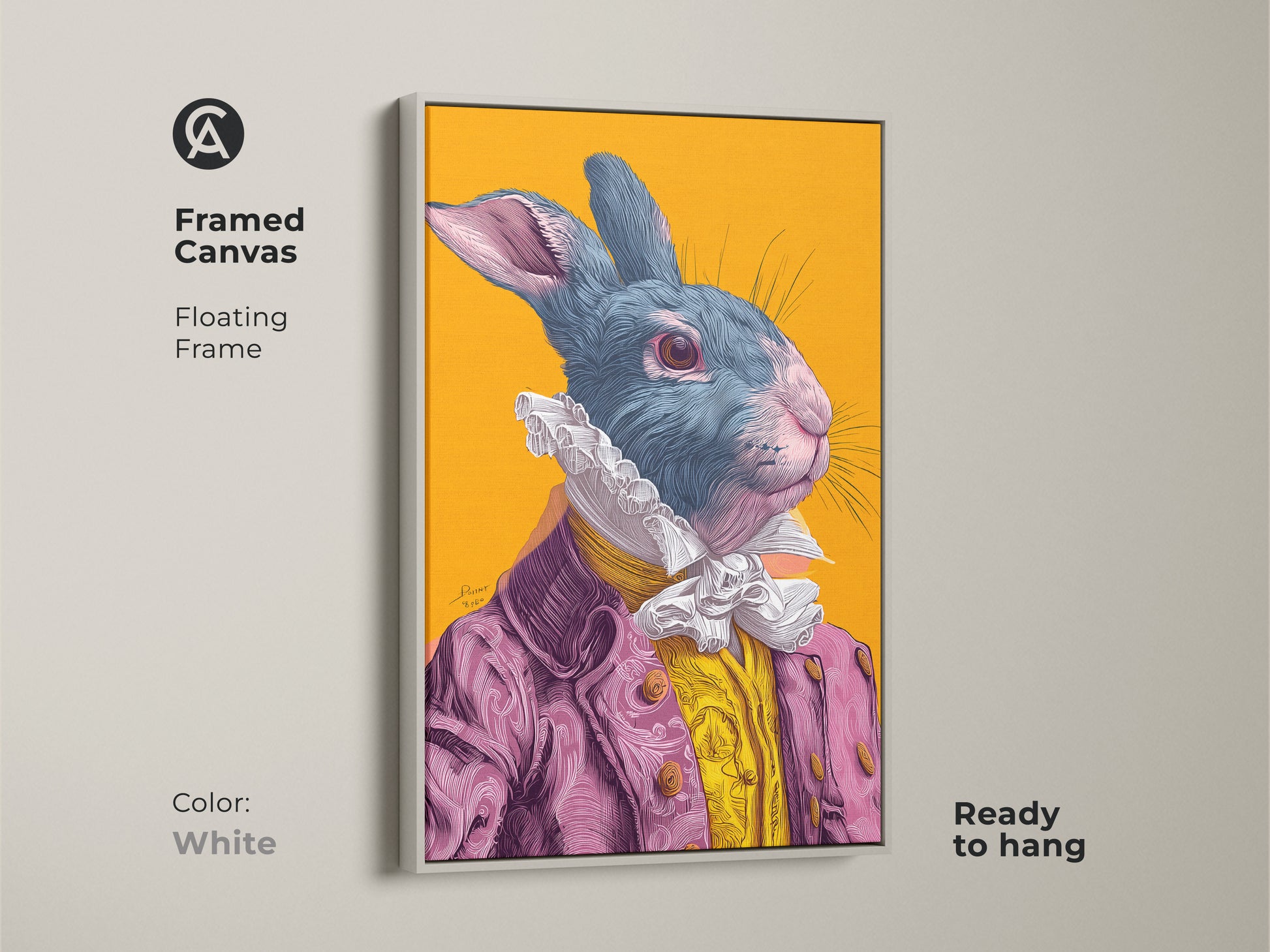 Framed canvas of a rabbit artwork with floating frame. The artwork is ready to hang and has a white frame. The rabbit wears a pink suit. It brings a whimsical touch to your wall decor.