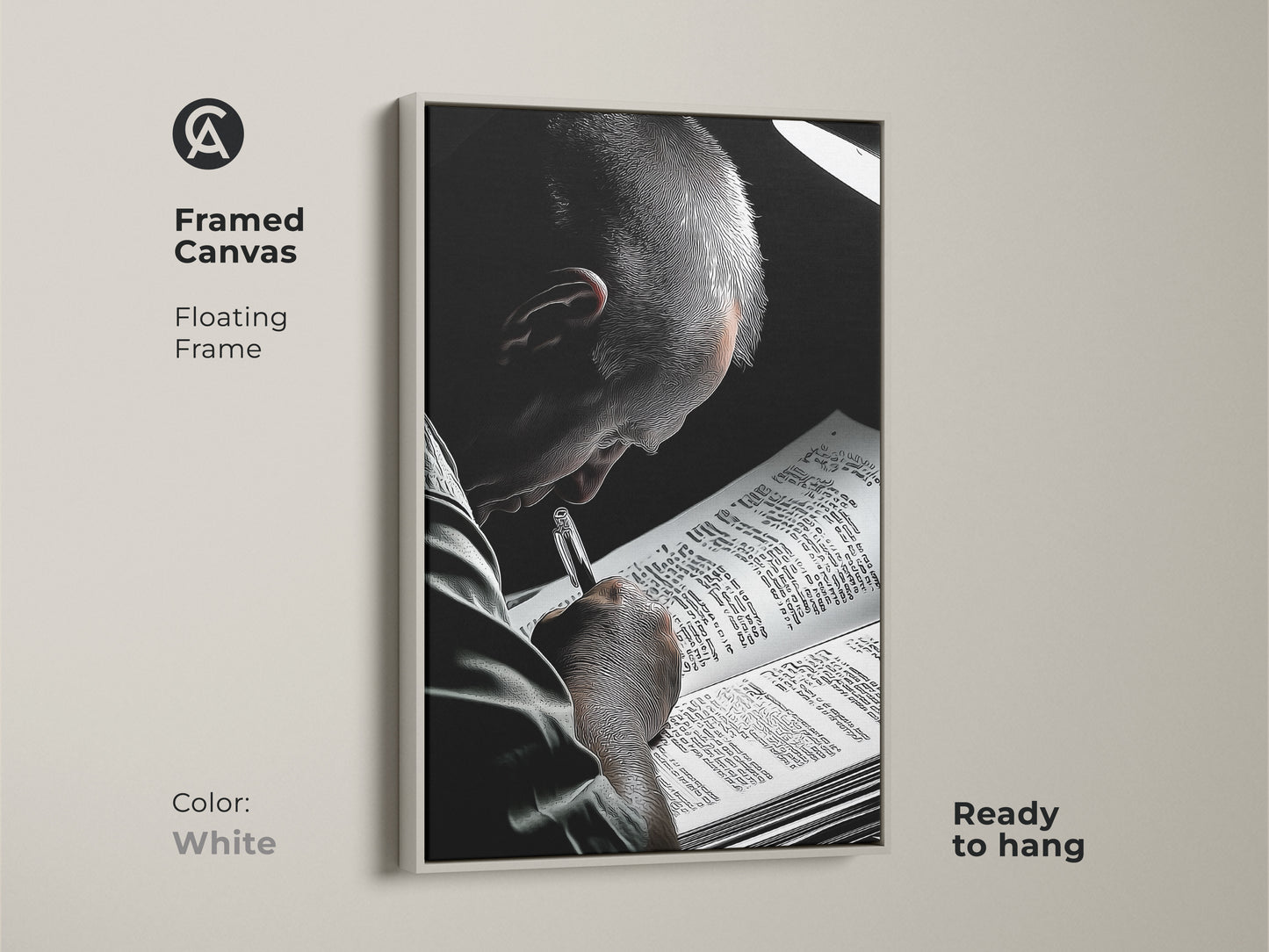 Framed canvas artwork presents a man reading in monochrome with a sleek white floating frame ready to hang. This contemporary piece is sophisticated wall art ideal as a literature gift. Its a great graduation present for an intellectual offering sophisticated reading room art. This enhances any academic wall art.