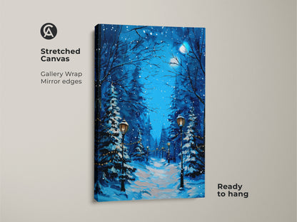 Stretched canvas print of a deep blue winter landscape. The gallery wrap has mirror edges. Ready to hang this snowy path wall art features street lamp decor. It's a rustic Christmas gift for winter lovers showcasing a nature scenery.