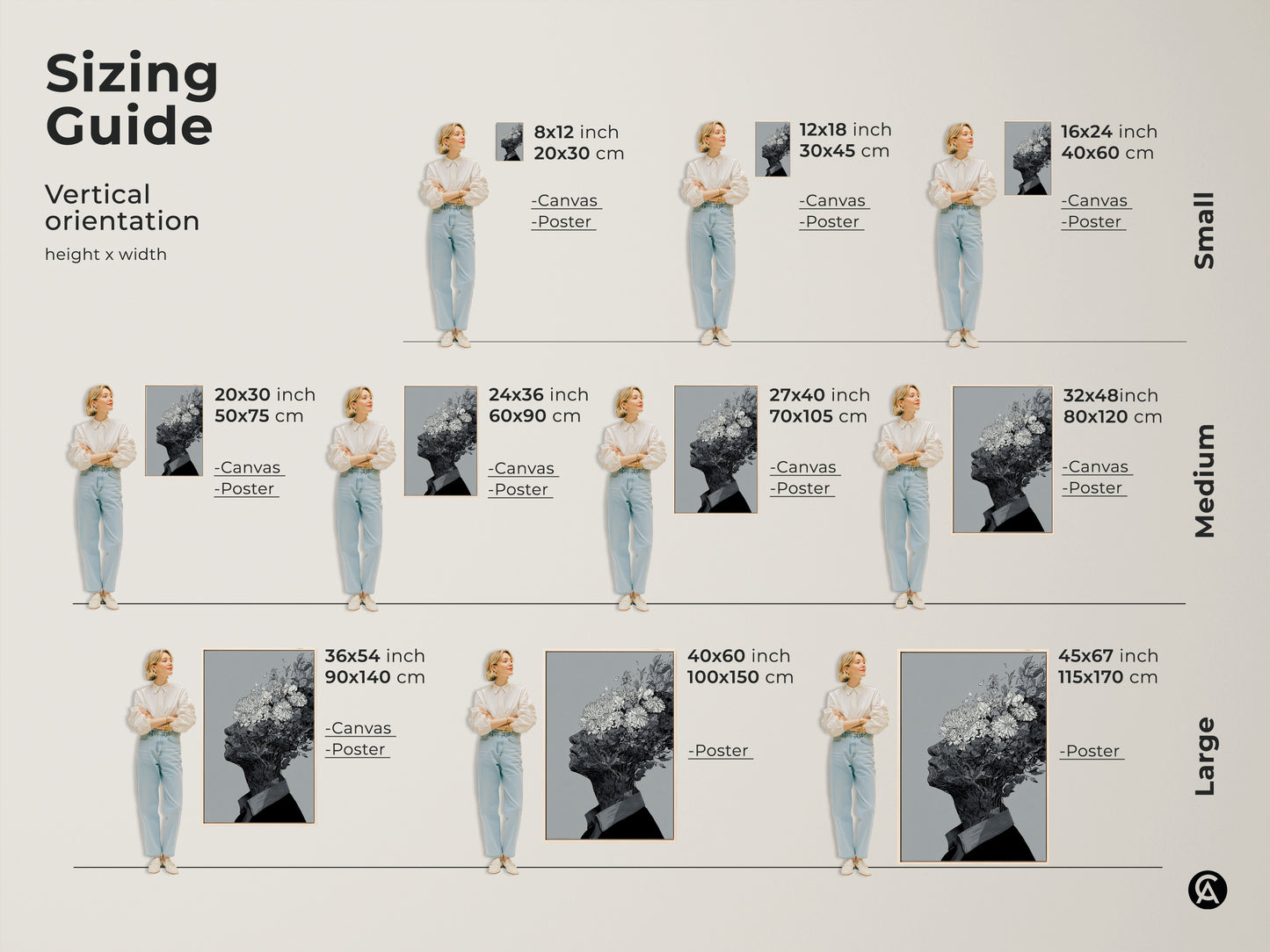 Sizing guide for vertical floral head artwork. Available in canvas and poster prints. See how the 8x12 inch to 45x67 inch sizes look in a room. Find the perfect size to complement your space.