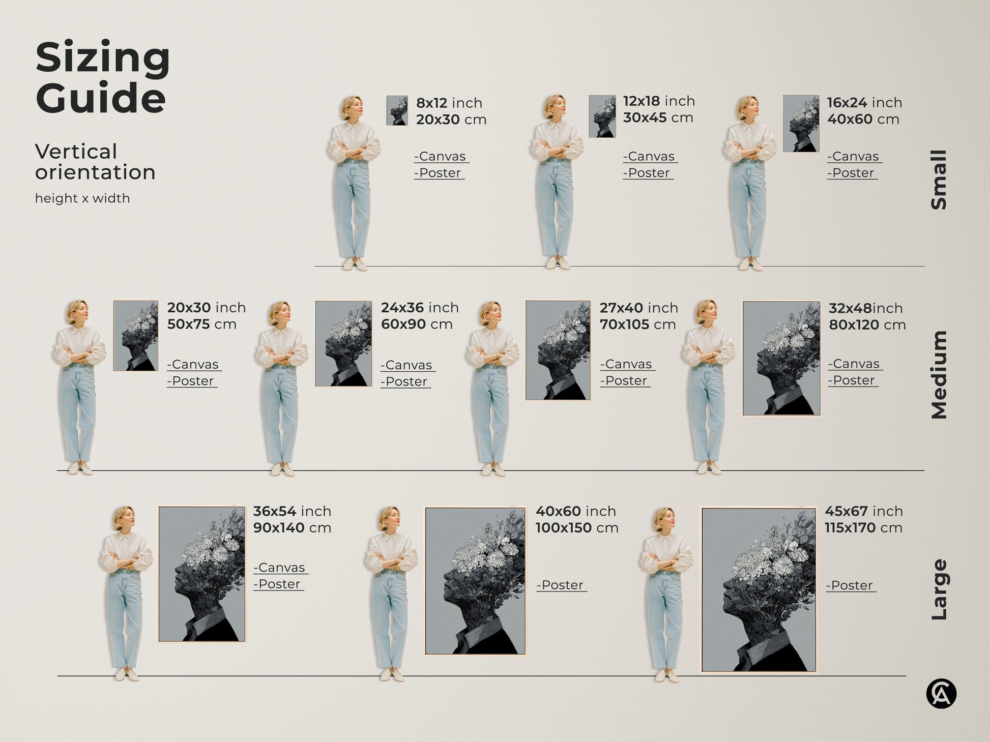 Sizing guide for vertical floral head artwork. Available in canvas and poster prints. See how the 8x12 inch to 45x67 inch sizes look in a room. Find the perfect size to complement your space.