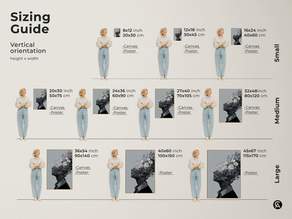 Sizing guide for vertical floral head artwork. Available in canvas and poster prints. See how the 8x12 inch to 45x67 inch sizes look in a room. Find the perfect size to complement your space.
