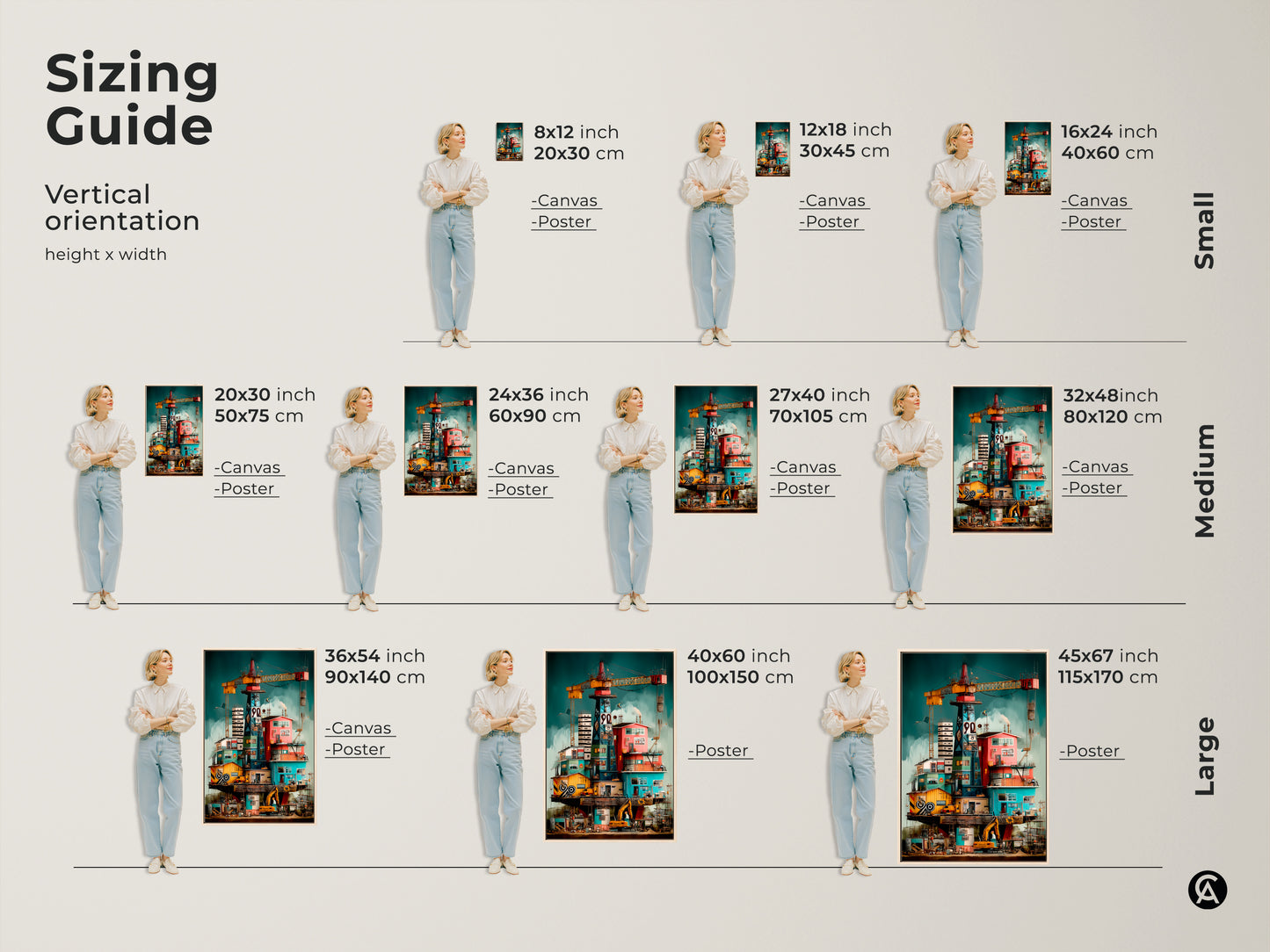 Sizing guide showing vertical orientation options for surreal industrial art. The canvas and poster print sizes range from small to large. Choose the perfect size for your space of this oil rig crane architectural artwork.