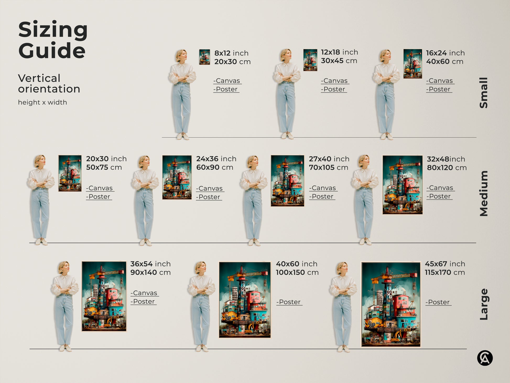 Sizing guide showing vertical orientation options for surreal industrial art. The canvas and poster print sizes range from small to large. Choose the perfect size for your space of this oil rig crane architectural artwork.